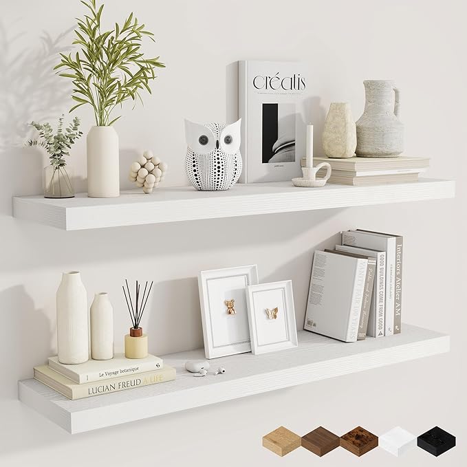 Fun Memories 40" Rustic Wood Floating Shelves with Invisible Brackets for Storage & Decor, Deep Wall Mounted Shelves for Bathroom, Kitchen, Living Room (White, Set of 2)