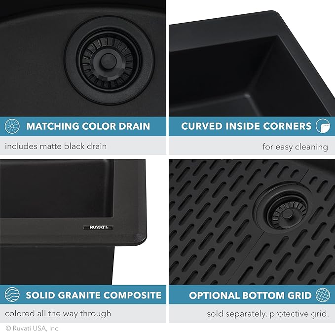 Ruvati 33 x 22 inch epiGranite Drop-in Topmount Granite Composite Quartz Single Bowl Kitchen Sink - Midnight Black - RVG1033BK