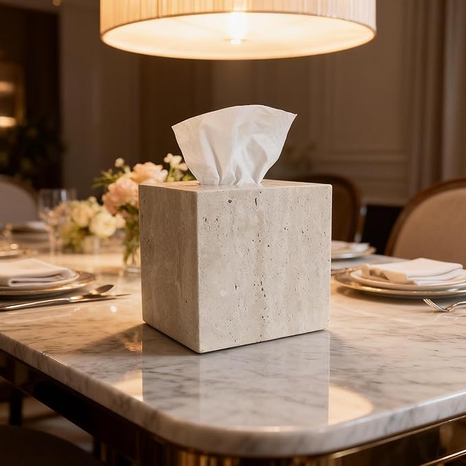Natural Travertine Marble Tissue Box Cover, Stone Square Pumping Paper, Roll Toilet Paper Holder for Living Room, Bathroom, Kitchen and Home Decor