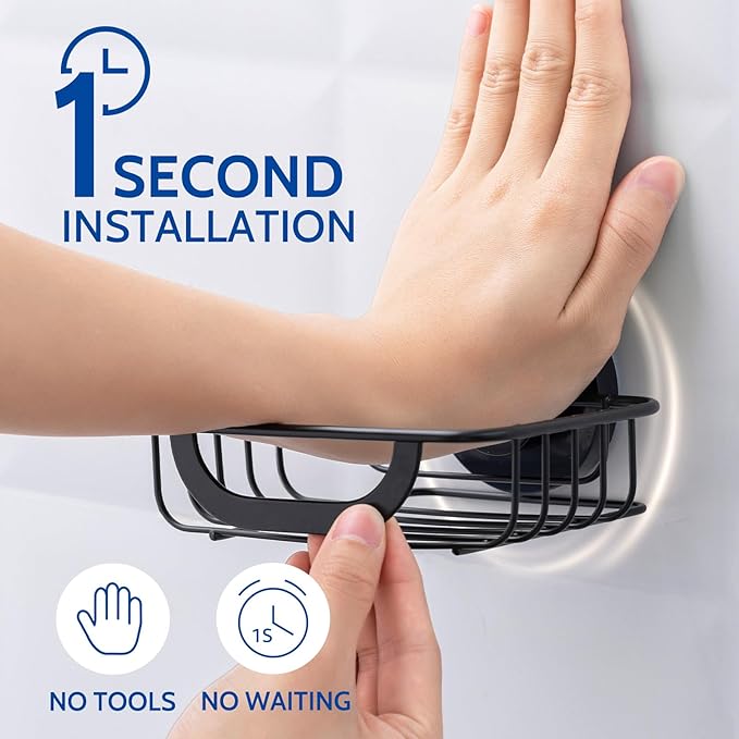Soap Dish Bar Soap Holder Suction Cup with 4 Hooks, Stainless Steel Soap Saver Tray for Shower Wall, Bathroom, Kitchen, Rustproof Drill-Free Soap Bar Holder, Black