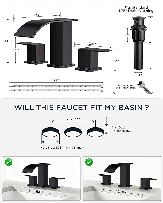 FORIOUS Square Matte Black Bathroom Faucets 3 Hole, Waterfall 8 Inch Widespread Bathroom Sink Faucet with Metal Pop-up Drain and Supply Lines, Two Handles for Vanity, RV, Farmhouse