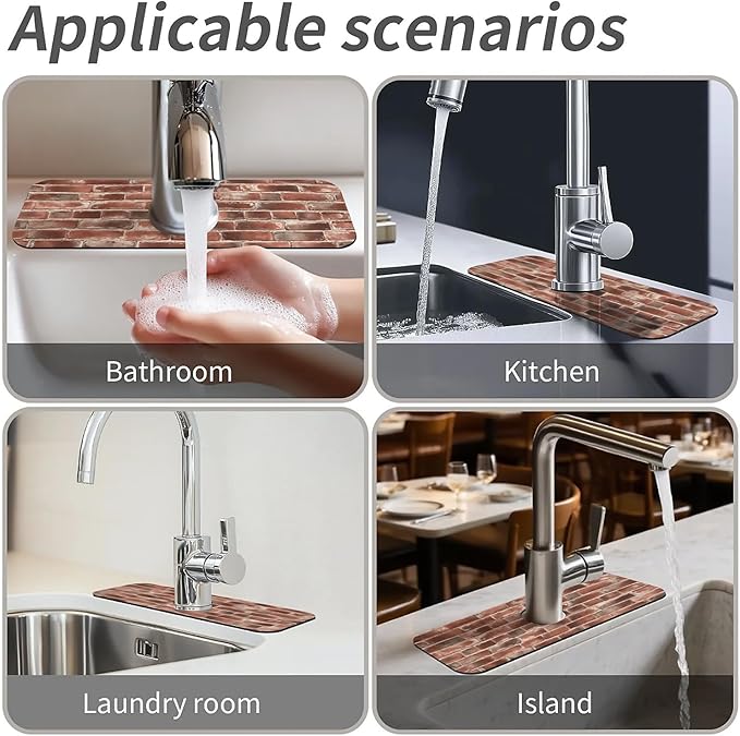 Kitchen Sink Splash Guard，Red brick wall Faucet Mat Sink Gadgets-Super Absorbent Fast Drying Mat Drip Catcher for Kitchen, Bathroom,Sink Mat, Dish Drying Mat, Bathroom(15" X 5.5" )