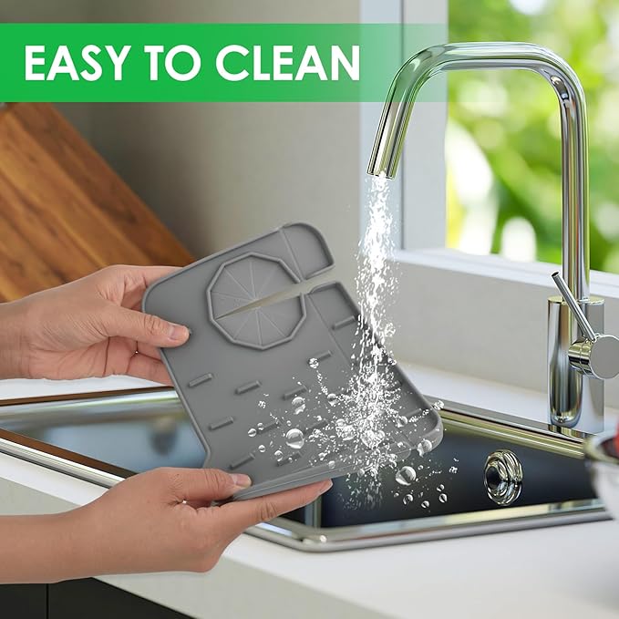 2Pcs Silicone Sink Faucet Splash Guard Mat, Soap Dish Pad Faucet Handle Drip Catch Sponge Holder Sink Protector Tray with Outlet & Slope for Bathroom Kitchen Countertop RV Gadget 8.3 x 5.3 Inch