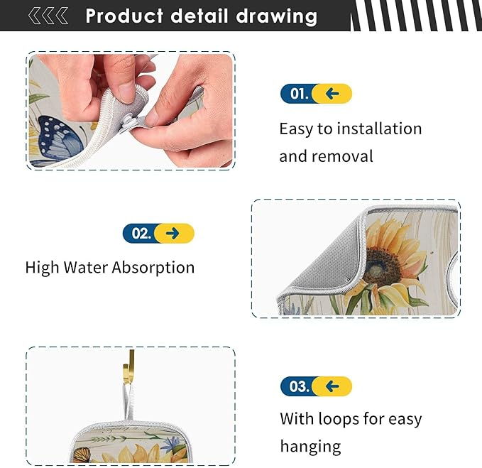Sink Faucet Absorbing Mat Kitchen Sink Splash Guard Splash Faucet Drip Catcher for Bar RV Bathroom 2PCS 14.9x5.5in Watercolor Cornflower Sunflower