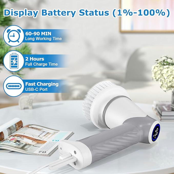 DAESUNG Electric Spin Scrubber, Cordless Power Scrubber & Electric Cleaning Brush with 7 Replaceable Heads, Dual Speed IPX7 Waterproof Handheld Scrubber for Bathroom, Shower & Tile Cleaning
