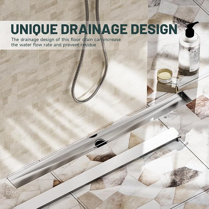 32-Inch Linear Shower Floor Drain, Stainless Steel Bathroom Floor Drains, Rectangular Shower Trench Floor Drain, Hair Strainer, Brushed Nickel