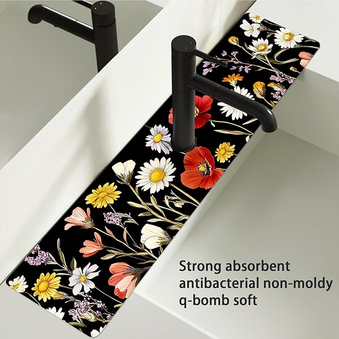 Bimkole 2 PCS Faucet Absorbent Mat, Kitchen Faucet Sink Splash Guard Wraparound Cloth Pads Drip Catcher for Sink Faucet for Kitchen Bathroom Faucet, Colorful Faucet Mat, 15 x 4 Inch Flower A1