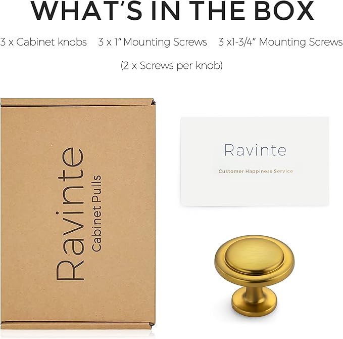 Ravinte 3 Pack 1-1/4 Inch Kitchen Cabinet Knobs - Brushed Brass Zinc Drawer Pulls and Door Handles for Dresser Drawers