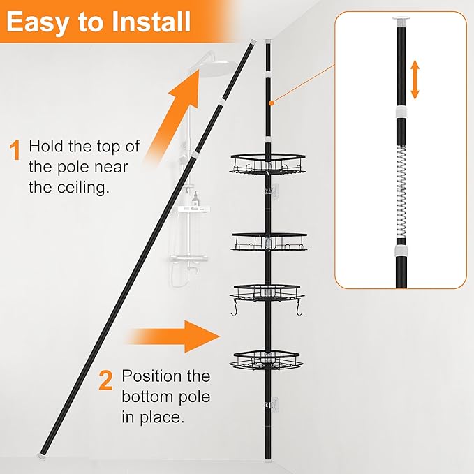 Corner Shower Caddy Tension Pole, Shower Tension Rod Organizer, 4-Tier Adjustable Floor to Ceiling Shower Caddy 33-127inch, No Drilling Shower Shelf for Inside (Black)