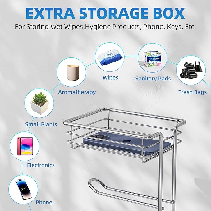 Simple Trending Toilet Paper Holder Free Standing,Toilet Paper Stand with Shelf for 4 Rolls, for Phones,Tissues,Wipes and Bathroom Toilet Paper Storage, Chrome
