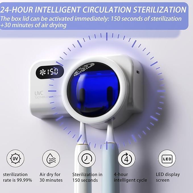Toothbrush Holders for Bathrooms,Smart Clean and 30 Minute Air Dry, LED Smart Screen, Stylish Bathroom Accessories Wall Mounted Toothbrush Holder, Travel Toothbrush Holder (White)