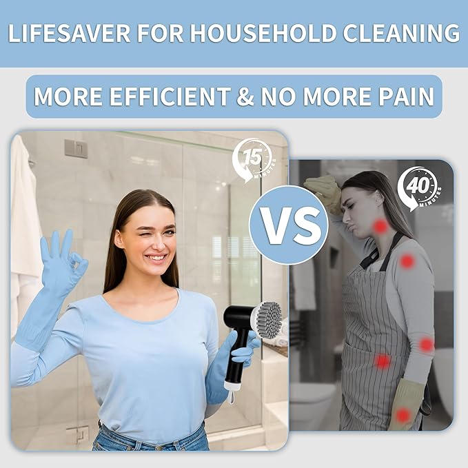 Electric Spin Scrubber, Cordless Shower Scrubber with 3 Replaceable Brushes, Waterproof Power Scrubber for Cleaning Bathroom, Kitchen, Floor, Rechargeable Electric Scrubber for Cleaning, Deep Black