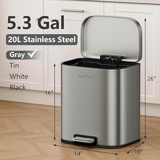mVm 13 Gal Trash Can Set, 8+5.3 Gal Step Trash Can with Lid, Smooth Edge Garbage Bin for Home Office (Gray)