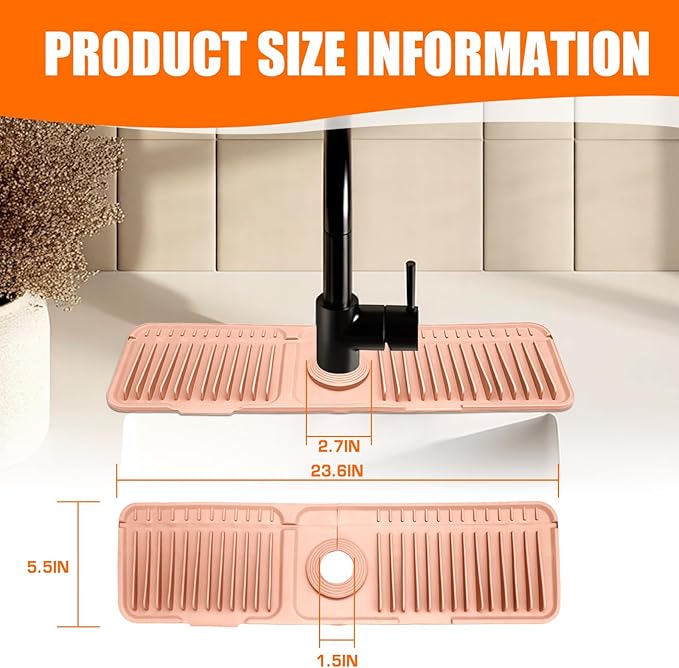 Pink 24" Button Style Faucet Drip Catcher – Silicone Faucet Mat for Kitchen Sink, Leak-Proof Splash Guard with 6° Slope | Behind Faucet Draining Mat Easy Gadgets for Bathroom Kitchen Countertops