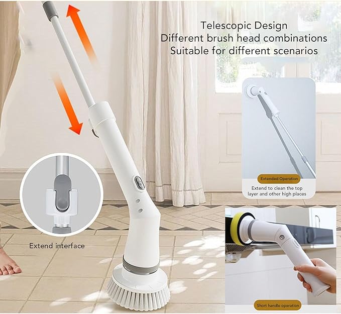 Generic Electric Scrubber, 25W 2 Speeds Adjustable Length and Angle IPX6 Rechargeable Brush with 6 Interchangeable Brush Heads, for Shower Bathtub Sink Toilet Kitchen Floor