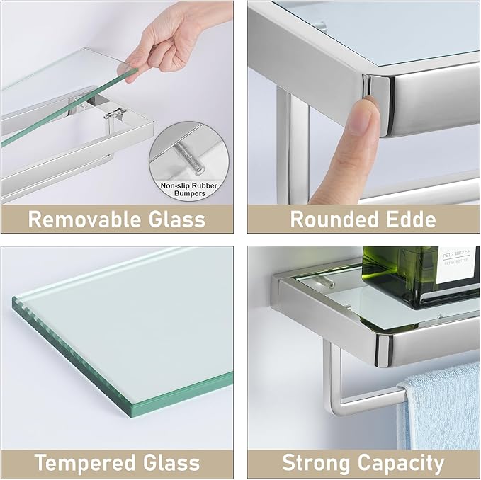 Bathroom Shelves Glass Bathroom Shelf with Towel Bar, Floating Shelves for Living Room/Study Room Tempered Glass Rectangular 1 Tier Organizer Wall Shelf (Chrome Polished, 20'')