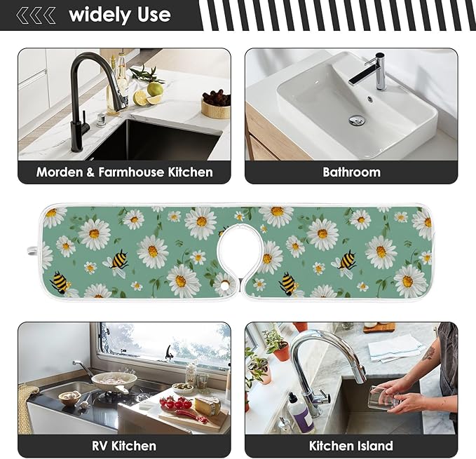 2 PCS Kitchen Sink Splash Guard 23.6 Inch Faucet Mat for Kitchen Sink Bathroom Sink Faucet Absorbing Drip Drain Mat Pad Microfiber Soft Washable Yellow and Green Daisy Bees