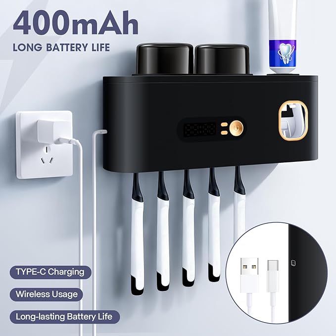 Toothbrush Holders Cleaner & Dryer for Bathroom,LXIANGN Smart Wall Mounted Toothbrush Holders with Countdown LED Screen,5 Toothbrush Slots,2 Cups and Toothpaste Dispenser (Black)