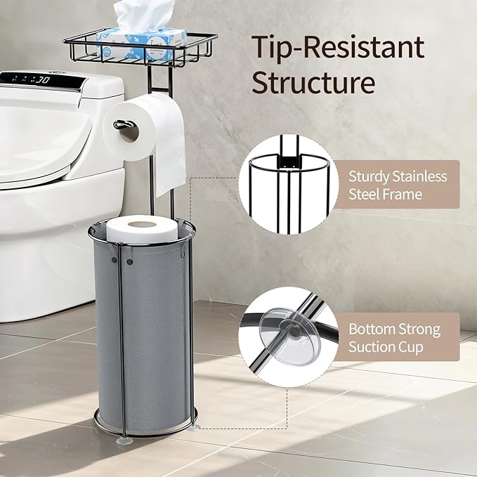 Lewondr Free Standing Toilet Paper Holder, Toilet Paper Holder with Shelf, Bathroom Tissue Roll Storage Rack with Storage Bag for 3 Rolls of Tissue, Gray