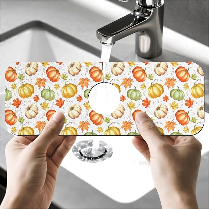 Faucet Draining Mat For Kitchen Sink, Maple Pumpkin Diatom Mud Absorbent Drain Pad For Bathroom Kitchen Sink Splash Guard Drying Mat