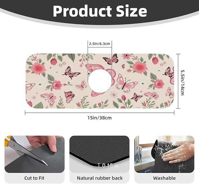 Butterfly Floral 15" X 5.5" Kitchen Sink Splash Guard, Faucet Guard Draining Mat, Faucet Suction Pad For Kitchen Bathroom