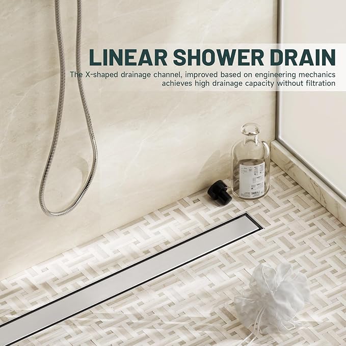 28-Inch Linear Shower Floor Drain, Stainless Steel Bathroom Floor Drains, Rectangular Shower Trench Floor Drain, Hair Strainer, Brushed Nickel
