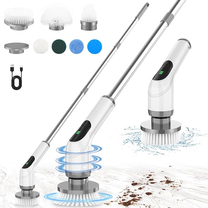 Electric Spin Scrubber for Cleaning: Cordless Scrub Brush with Extension Handle and Adjustable Speeds - Power Scrubbers for Cleaning Bathroom Shower Tub Tile Floor Car (Gray)