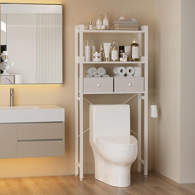 Housolution Over The Toilet Storage with 2 Drawers, 3 Tier Over Toilet Bathroom Organizer with Height Adjustable Shelves and Hooks, Space Saver Above Toilet for Bathroom/Restroom/Laundry, White