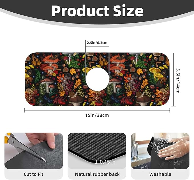 Mushroom Forest Butterfly Kitchen Sink Splash Guard Faucet Mat 1 Pcs, Absorbent Fast Drying Mat Gadgets Splash Guard For Bathroom 15 X 5.5 Inches
