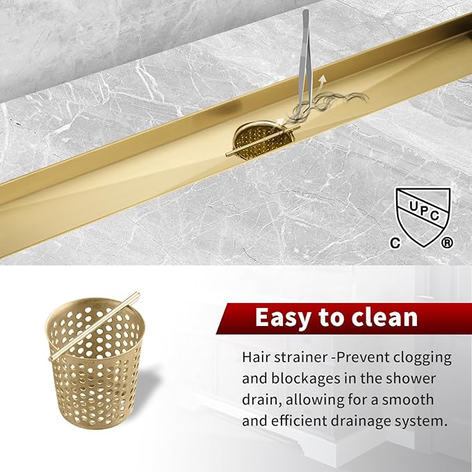 Sharp-tec 24 inch Linear Shower Drain, Gold Rectangular Floor Drain, V-Shape Design Drain Channel, 304 Stainless Steel, cUPC Certificated for Bathroom Shower (Drain Base is Not Included)
