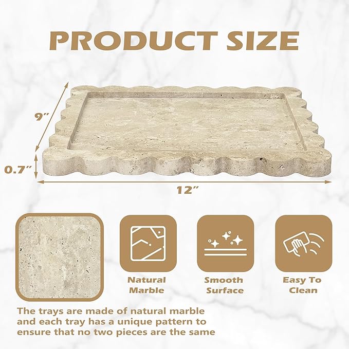 Prolee Scalloped Marble Tray,Marble Vanity Trays for Bathroom 12" x 9", Scalloped Tray,Wave Appearance Jewelry Home Decor Stone Trays for Kitchen Counter, Bathroom, Beige Travertine