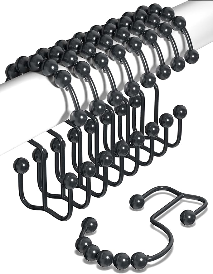 Shower Curtain Hooks Rust Proof (Set of 12) - Stainless Steel Shower Curtain Rings - Anti Slip Roller Balls for Easy Glide (Double Anchor Hooks, Matte Black)