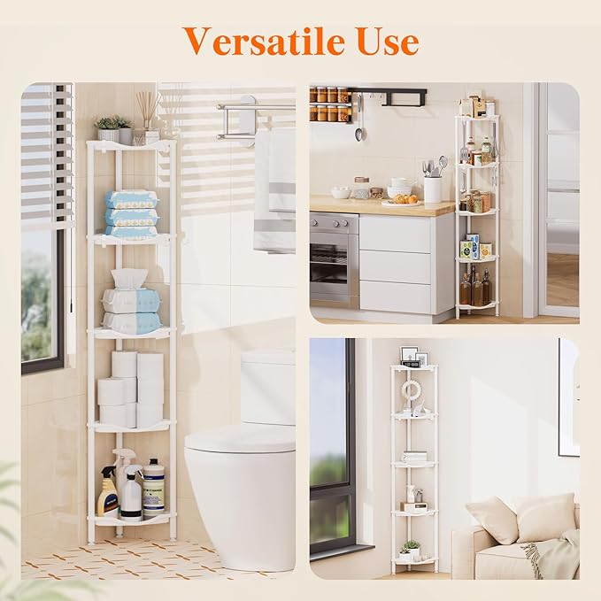 Lifewit Floor Standing Shower Caddy Corner, 5 Tier Plastic Shower Stand Rack with Adjustable Feet and Hooks, Rustproof Bathroom Shelf Organizer, White，34 x 24 x 139 cm/13 x 9.5 x 55 inch