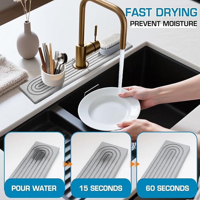 Light Gray-Rectangle 15.7" Diatomite Faucet Mat Fast-Drying Stone Sink Tray Splash Guard for Kitchen Bathroom Sink|Ultra Absorbent Countertop Protector with Smoothing Tool Multiple