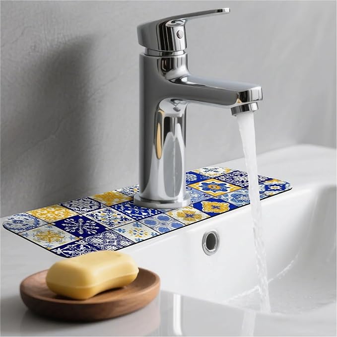 Kitchen Sink Splash Guard，Spanish tiles Faucet Mat Sink Gadgets-Super Absorbent Fast Drying Mat Drip Catcher for Kitchen, Bathroom,Sink Mat, Dish Drying Mat, Bathroom(15" X 5.5" )