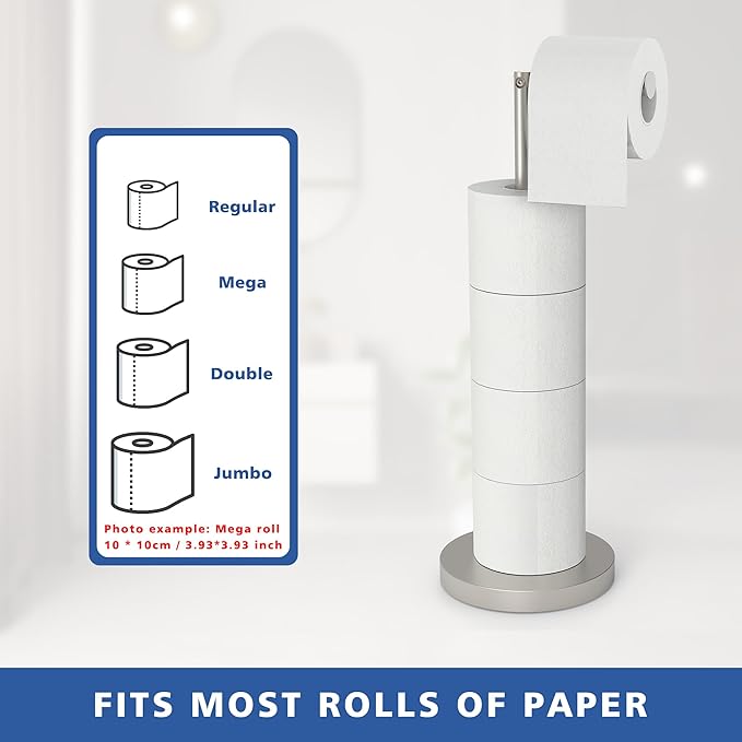 Free Standing Toilet Paper Rack, SUS304 180 Degree Rotatable Tissue Holder with Shelf, Brushed Nickel Bathroom Storage Toilet Roll Stand
