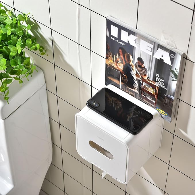 simpletome Toilet Paper Holder Wall Mount with Shelf Waterproof Adhesive or Drilling Install (White, ABS Plastic)