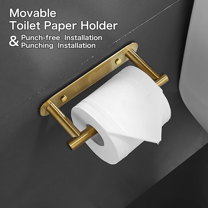 Removable Toilet Paper Holder Bathroom Roll Holder Non-Punch Installation (Brushed Gold)