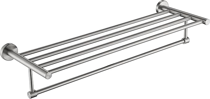 Premium Modern Single Hanging Quadruple Towel Bar Rack w/Round Base (24 Inches)- Brushed Finish, Made from Stainless Steel, Water and Rust Proof, Wall Mounted, Easy to Install