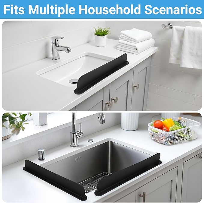 19.29 inch Sink Water Splash Guard, Silicone Sink Splash Guard, Backsplash Protector for Kitchen Countertop & Bathroom Bathtub with Non-Slip Strong Suction, Black, Pack of 2