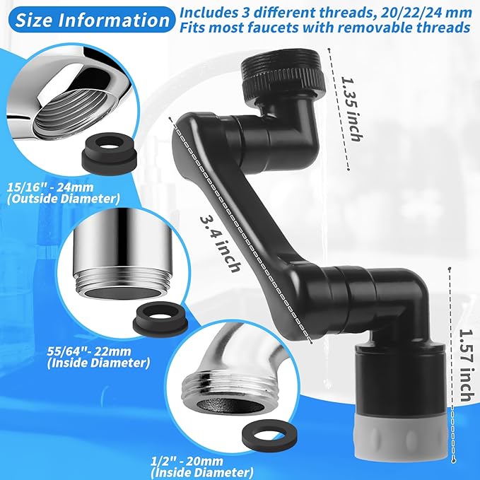 1080° Swivel Faucet Extender with 2 Function, Heavy Duty Rotating Sink Extension, Universal Swivel Robotic Arm, Rotating Splash Filter Extension for Kitchen Bathroom-2 Pcs/Black