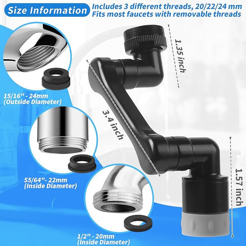 1080° Swivel Faucet Extender with 2 Function, Heavy Duty Rotating Sink Extension, Universal Swivel Robotic Arm, Rotating Splash Filter Extension for Kitchen Bathroom-2 Pcs/Black