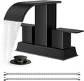 FORIOUS 4 Inch Centerset Matte Black Bathroom Faucet, 2 or 3 Hole Waterfall Square Bathroom Sink Faucet with Metal Pop-up Drain and Supply Lines, Two Handles for Vanity, Lavatory Room, Pedestal