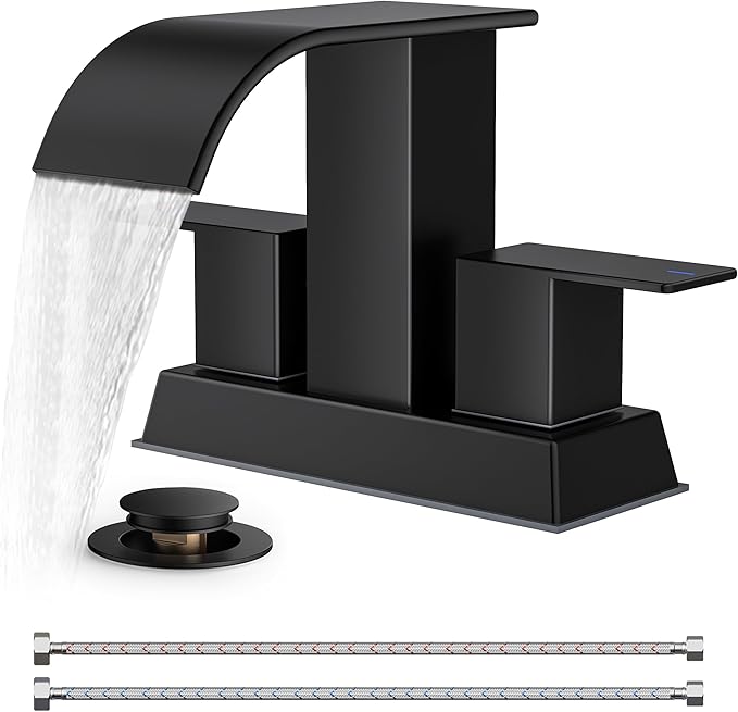 FORIOUS 4 Inch Centerset Matte Black Bathroom Faucet, 2 or 3 Hole Waterfall Square Bathroom Sink Faucet with Metal Pop-up Drain and Supply Lines, Two Handles for Vanity, Lavatory Room, Pedestal