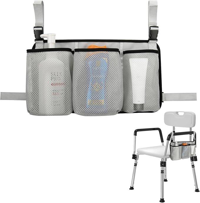 Beautyflier Removable Hanging Bag for Shower Chair, Commode Chair Side Storage Bag, Armrest Chair Side Organizer, 3 Storage Pockets for Shampoo, Shower Gel, Facial Cleanser, Bag Only (Gray)