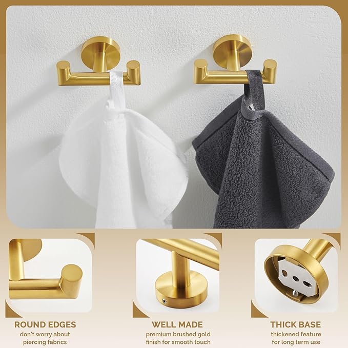 Angle Simple Towel Double Hook Brassy Gold 2 PCS, SUS304 Stainless Steel Bathroom Hand Towel Holder, Double Robe Hook, Wall Mount