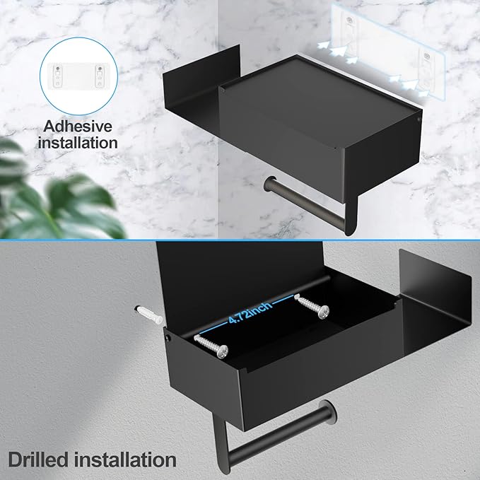 Toilet Paper Holder with Shelf, FUNLEU Self Adhesive Toilet Paper Holder with Storage, Wipe Holder for Bathroom Flushable Wipes Dispenser - Stainless Steel Toilet Holder Wall Mount, Matte Black