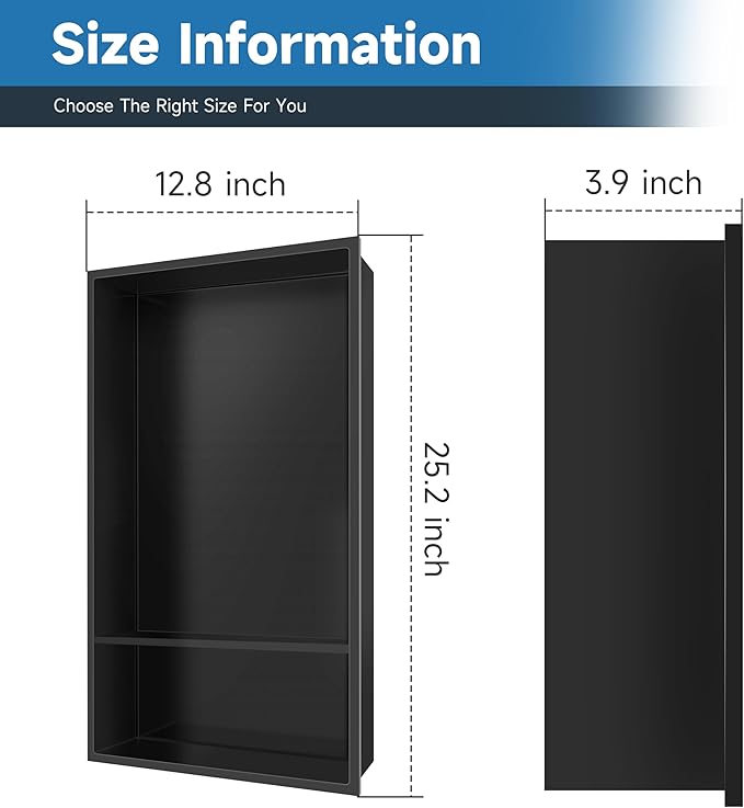 Shower Niche 13" X 25" Black, Stainless Steel Wall Niche Double Shelves Recessed Shower Shelf for Bathroom Storage, No Tile Needed Over Mount Installation