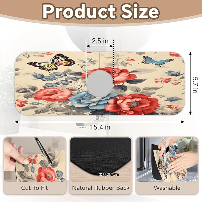 Vintage Floral Butterfly Kitchen Faucet Mat Splash Guard, 15.4”x5.7” Absorbent Quick Drying Sink Mat for Countertop Protection, Draining Mat Sink Protectors For Kitchen Bathroom, 1 Pack