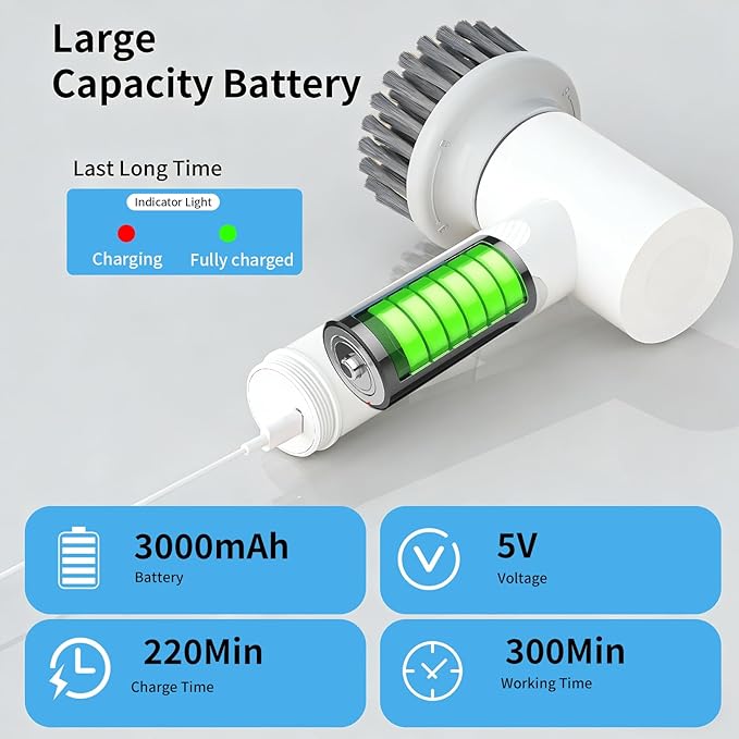 Electric Spin Scrubber, Cordless Electric Cleaning Brush, Waterproof Rotating Shower Brush, with 3 Replaceable Heads, Suitable for Bathroom, Kitchen, and Home Cleaning (White)